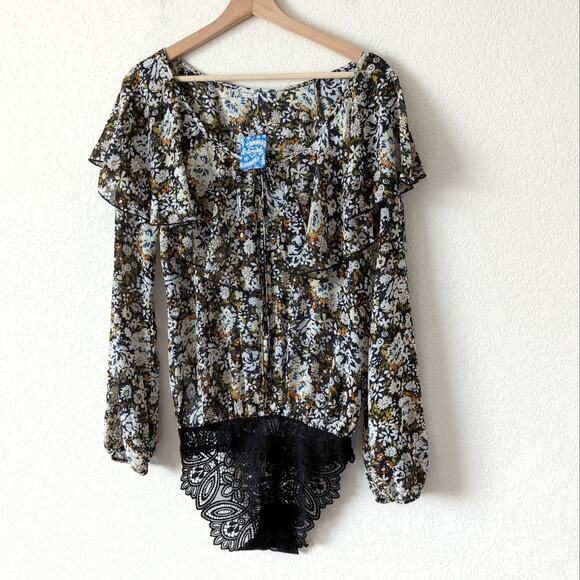 Free People Womens Bodysuit XS Black Floral Blouse Ruffle Long Sleeve NWT $78 - Picture 6 of 8